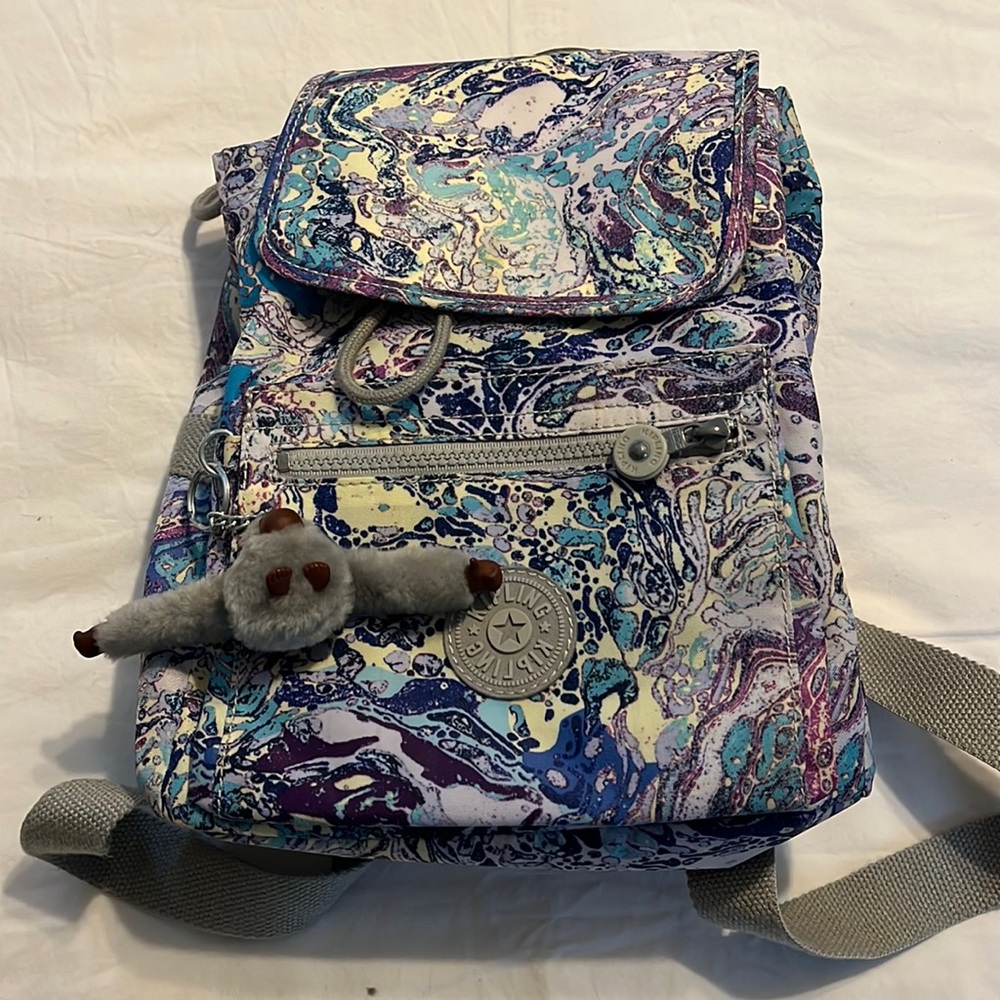 Like New Kipling Small Backpack Purse Colored Liquid Swirl Pattern